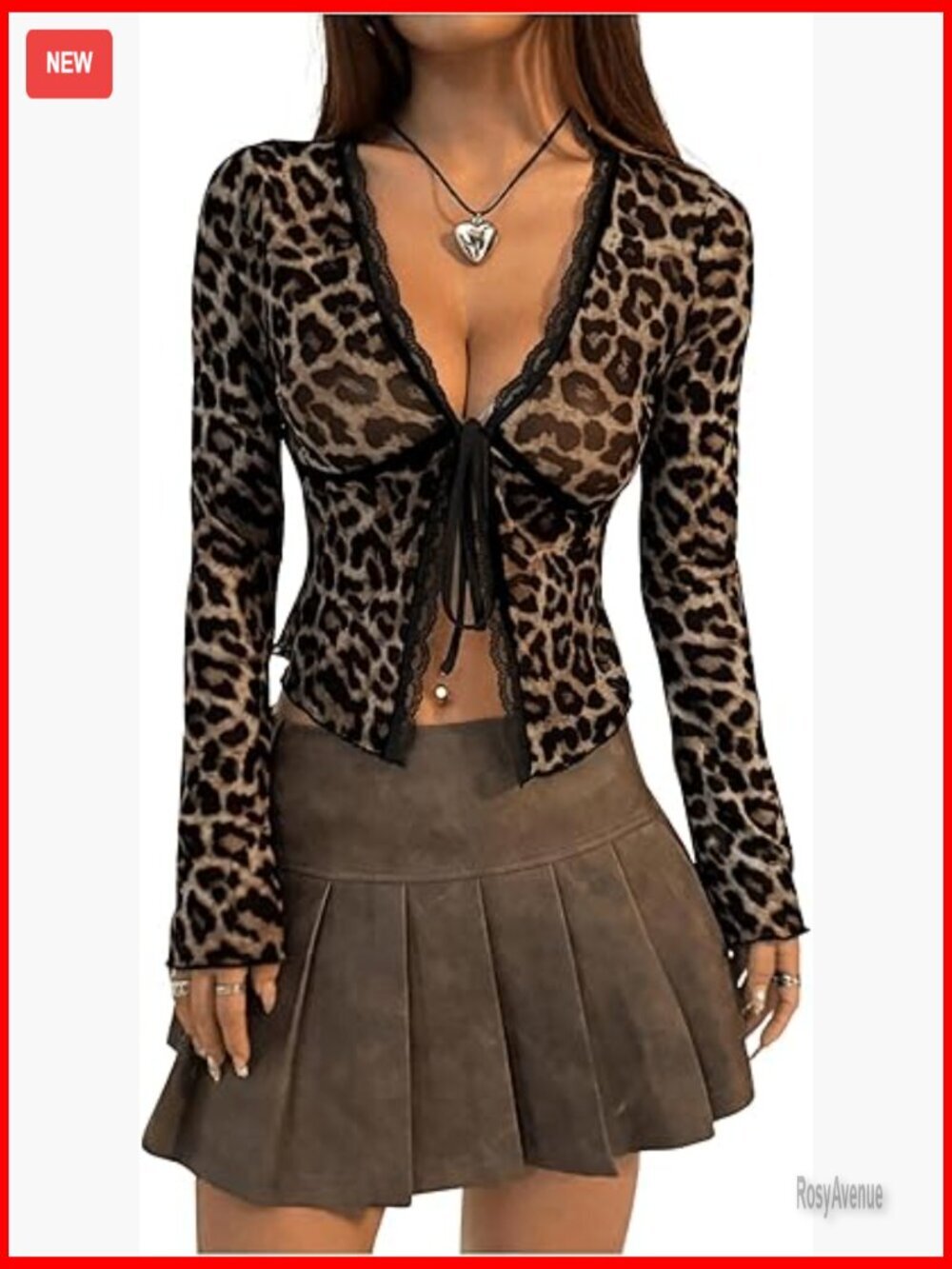 Leopard Print Mesh Long Sleeve Crop Top with Tie Front